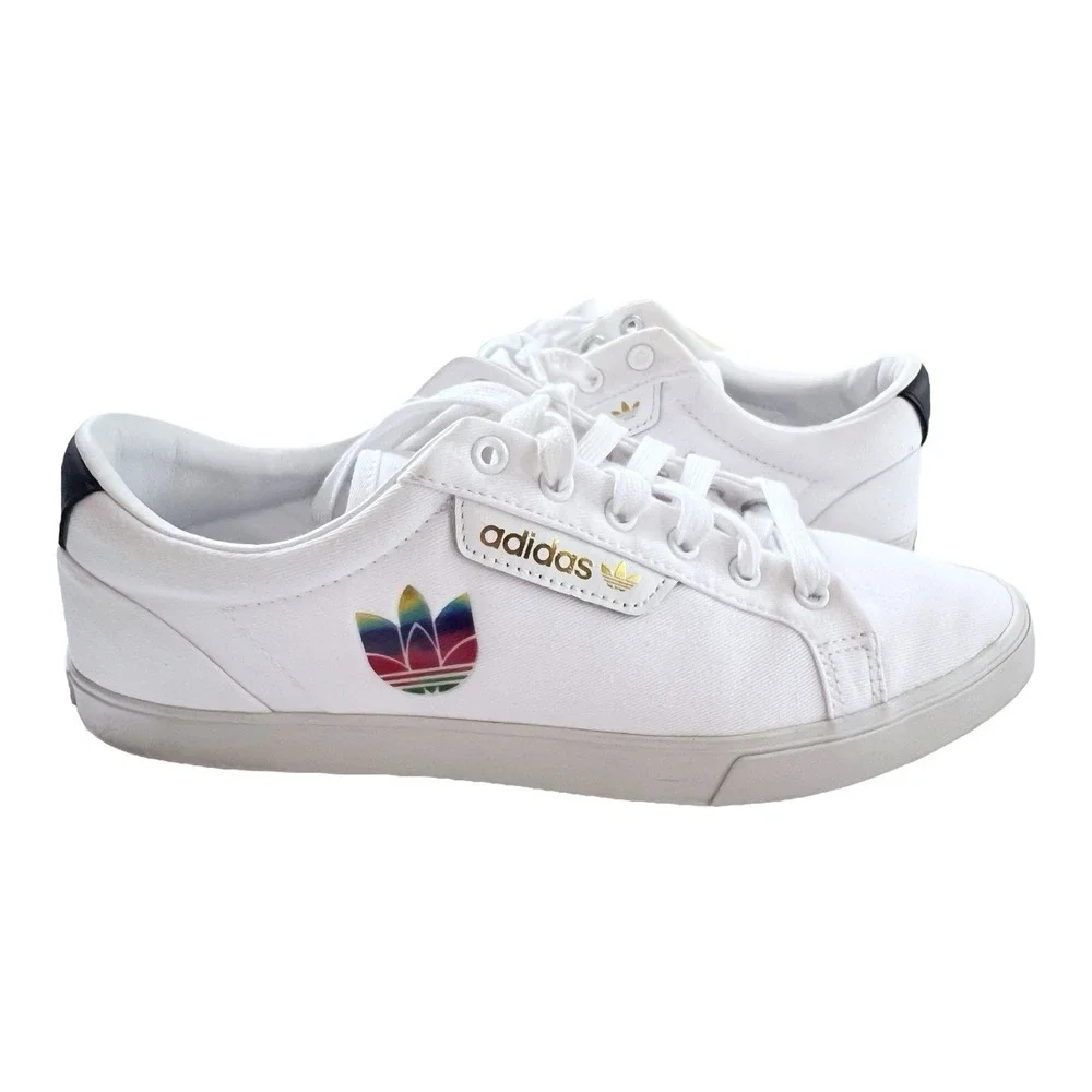 Adidas Sleek White Sneakers Rainbow and Gold Logo Canvas Shoes Womens 9M - Picture 1 of 7